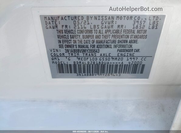 3N1AB8BV9MY289643 2021 NISSAN SENTRA White Вид підкапотного простору