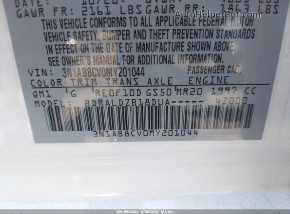 3N1AB8CV0MY201044 2021 NISSAN SENTRA White Widok komory silnika