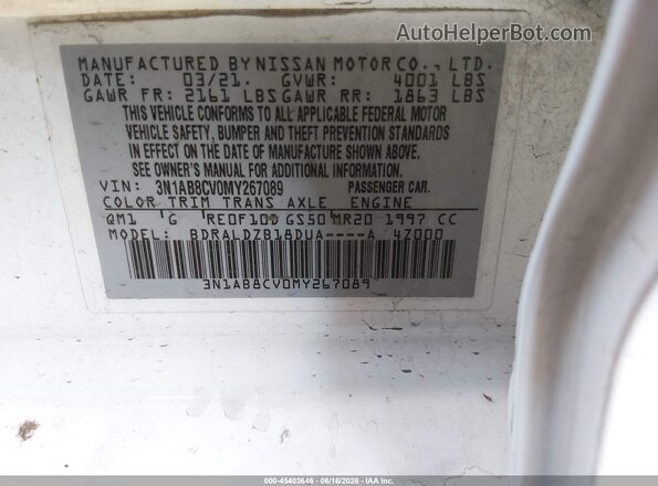 3N1AB8CV0MY267089 2021 NISSAN SENTRA White Engine compartment view