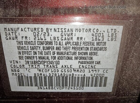 3N1AB8CV0PY245100 2023 NISSAN SENTRA Burgundy Vista de la etiqueta del VIN