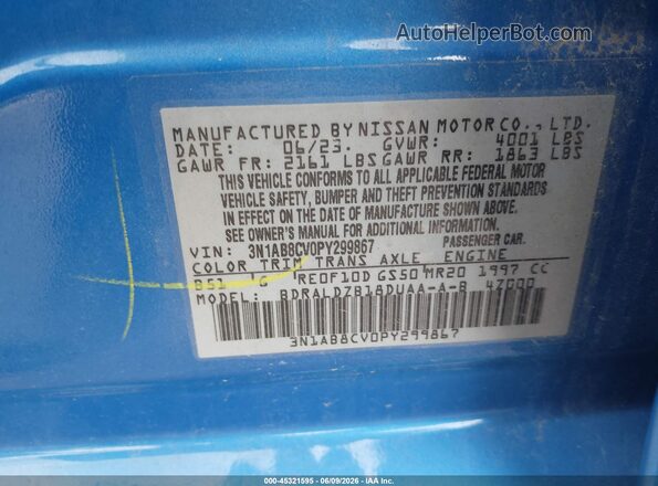 3N1AB8CV0PY299867 2023 NISSAN SENTRA Blue ძრავის განყოფილების ხედი