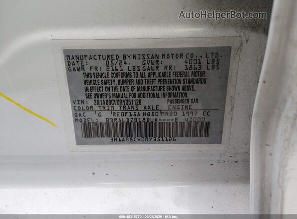 3N1AB8CV0RY351128 2024 NISSAN SENTRA White ძრავის განყოფილების ხედი
