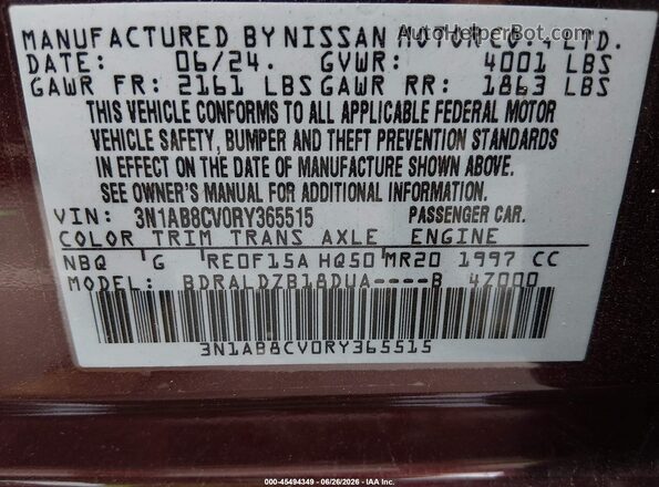 3N1AB8CV0RY365515 2024 NISSAN SENTRA Burgundy Вид підкапотного простору