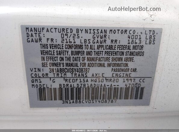 3N1AB8CV0SY408787 2025 NISSAN SENTRA White Вид підкапотного простору