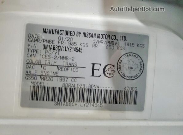 3N1AB8CV1LY214545 2020 NISSAN SENTRA White Widok komory silnika