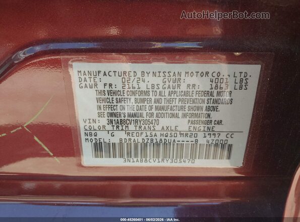 3N1AB8CV1RY305470 2024 NISSAN SENTRA Maroon Widok komory silnika