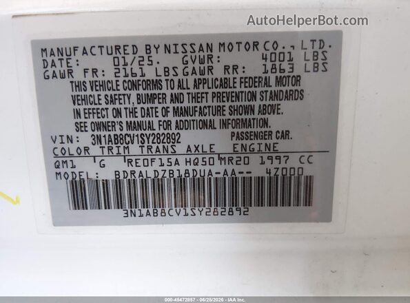 3N1AB8CV1SY282892 2025 NISSAN SENTRA White Engine compartment view