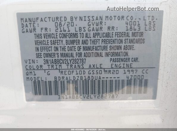 3N1AB8CV2LY282787 2020 NISSAN SENTRA Белый Вид подкапотного пространства