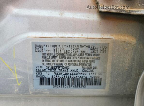 3N1AB8CV2PY229593 2023 NISSAN SENTRA Silver Vista de la etiqueta del VIN