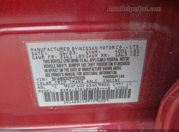 3N1AB8CV2PY296209 2023 NISSAN SENTRA Red ძრავის განყოფილების ხედი