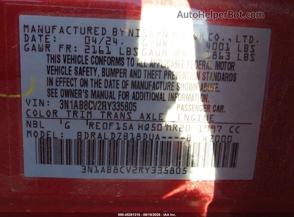 3N1AB8CV2RY335805 2024 NISSAN SENTRA Red Engine compartment view