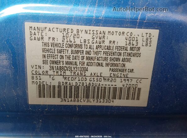 3N1AB8CV3LY313304 2020 NISSAN SENTRA Blue Вид підкапотного простору
