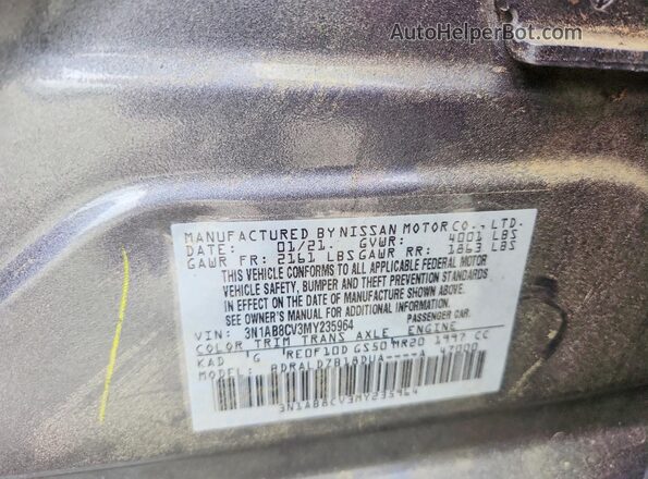 3N1AB8CV3MY235964 2021 NISSAN SENTRA Gray ძრავის განყოფილების ხედი