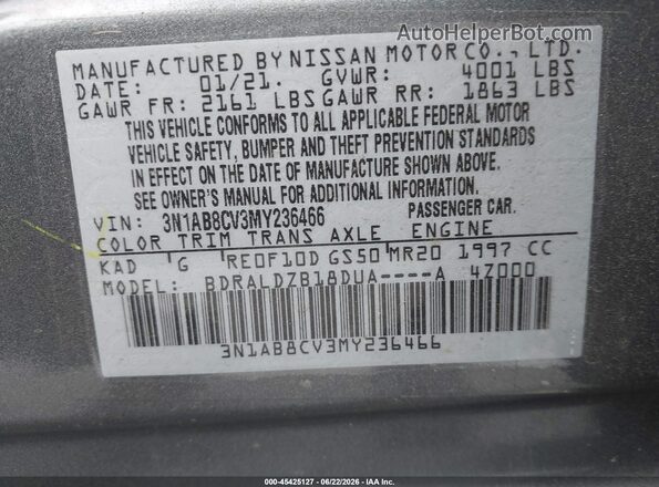 3N1AB8CV3MY236466 2021 NISSAN SENTRA Gray Շարժիչի բաժամունքի տեսք