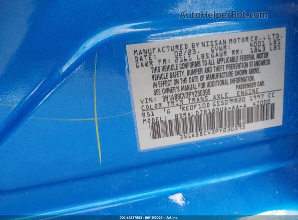 3N1AB8CV3PY230395 2023 NISSAN SENTRA Blue Vista del compartimento del motor