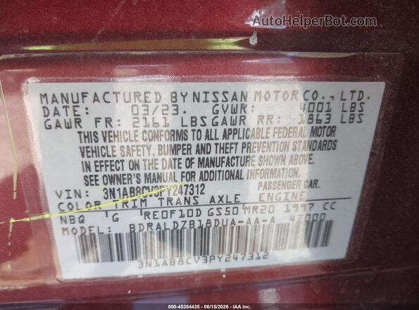 3N1AB8CV3PY247312 2023 NISSAN SENTRA Maroon Շարժիչի բաժամունքի տեսք