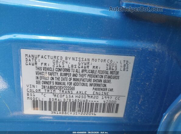 3N1AB8CV3SY222046 2025 NISSAN SENTRA Blue Vista del compartimento del motor