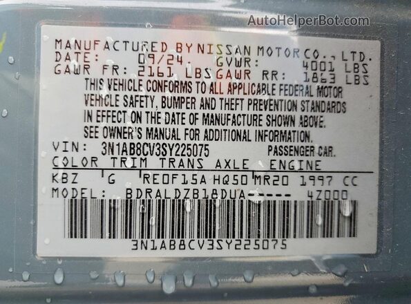 3N1AB8CV3SY225075 2025 NISSAN SENTRA Gray Widok naklejki z numerem VIN