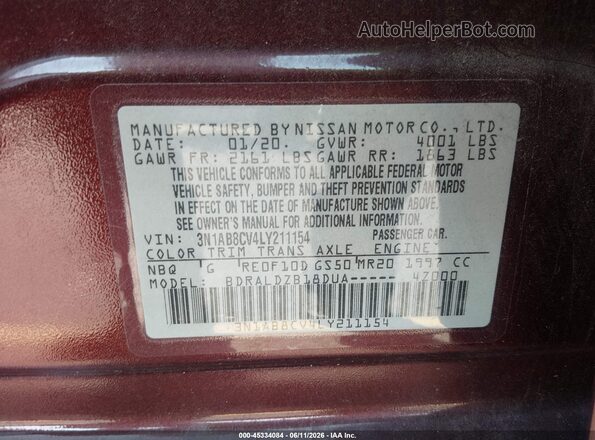 3N1AB8CV4LY211154 2020 NISSAN SENTRA Burgundy 