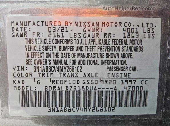 3N1AB8CV4MY268102 2021 NISSAN SENTRA Gray VIN կոդի պիտակի տեսք
