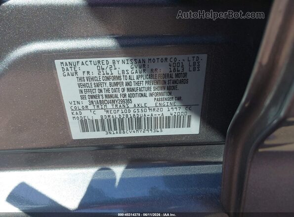 3N1AB8CV4MY299365 2021 NISSAN SENTRA Gray Вид підкапотного простору