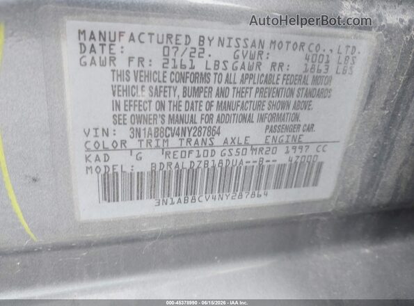 3N1AB8CV4NY287864 2022 NISSAN SENTRA Gray Вид підкапотного простору