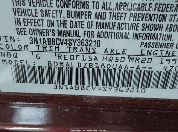 3N1AB8CV4SY363210 2025 NISSAN SENTRA Burgundy Շարժիչի բաժամունքի տեսք