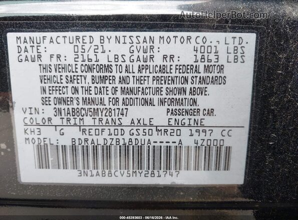 3N1AB8CV5MY281747 2021 NISSAN SENTRA Black ძრავის განყოფილების ხედი