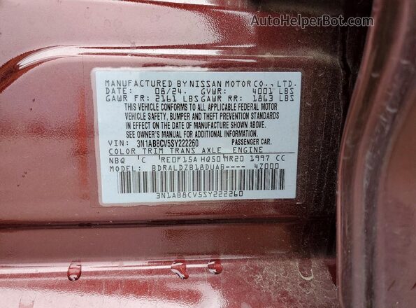 3N1AB8CV5SY222260 2025 NISSAN SENTRA Темно-бордовый Вид наклейки с VIN-кодом