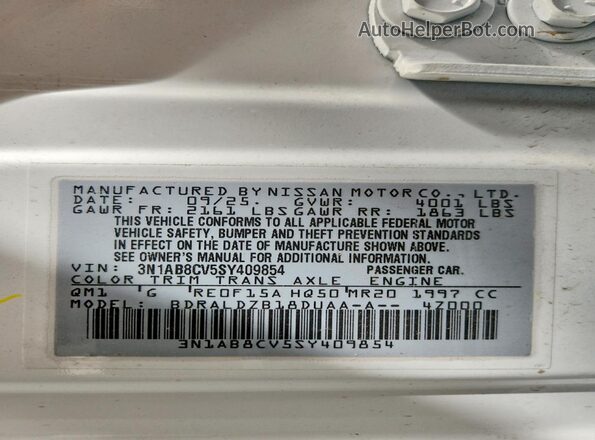 3N1AB8CV5SY409854 2025 NISSAN SENTRA White VIN კოდის სტიკერის ხედი