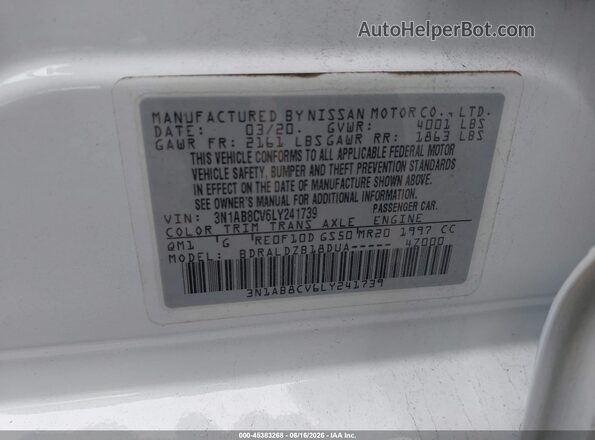3N1AB8CV6LY241739 2020 NISSAN SENTRA White Շարժիչի բաժամունքի տեսք