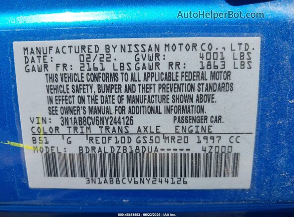 3N1AB8CV6NY244126 2022 NISSAN SENTRA Blue Շարժիչի բաժամունքի տեսք