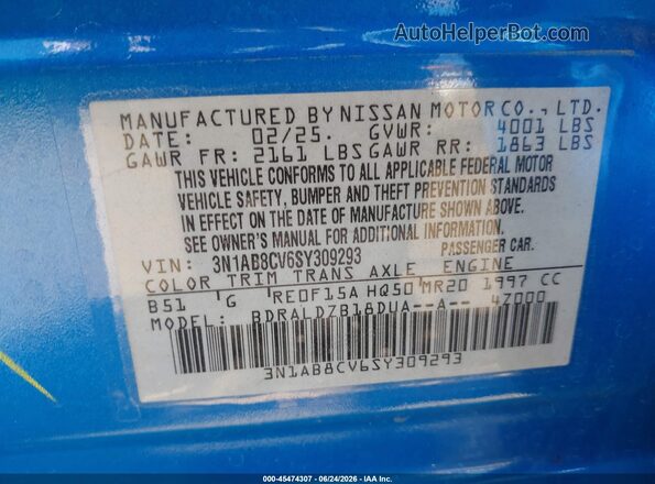 3N1AB8CV6SY309293 2025 NISSAN SENTRA Blue Vista del compartimento del motor