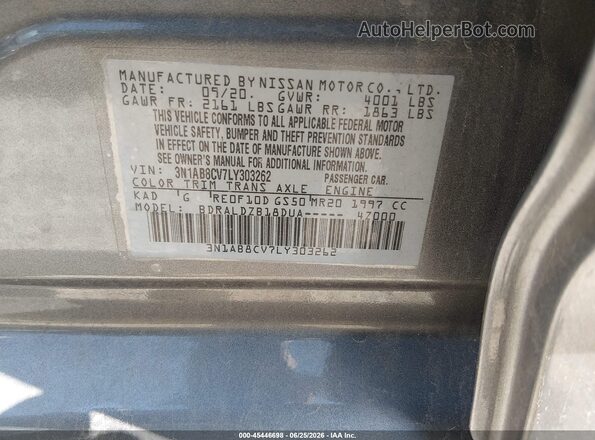3N1AB8CV7LY303262 2020 NISSAN SENTRA Gray Widok komory silnika