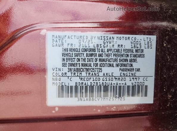 3N1AB8CV7MY257725 2021 NISSAN SENTRA Maroon Vista del compartimento del motor
