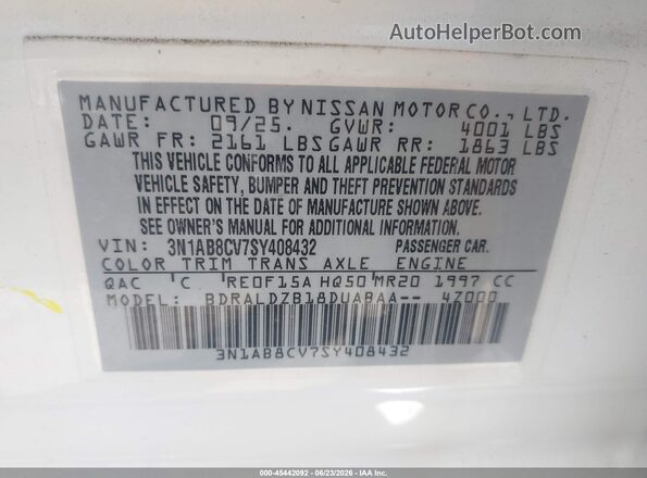 3N1AB8CV7SY408432 2025 NISSAN SENTRA White Widok komory silnika