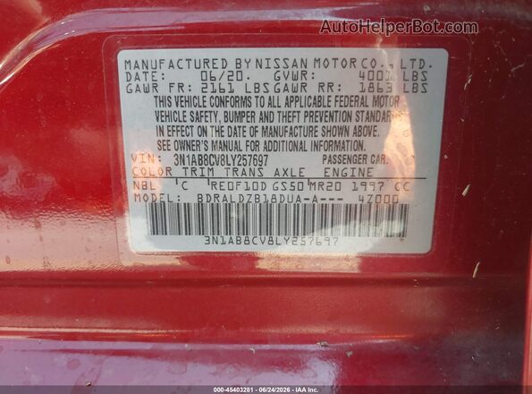 3N1AB8CV8LY257697 2020 NISSAN SENTRA Красный Вид подкапотного пространства