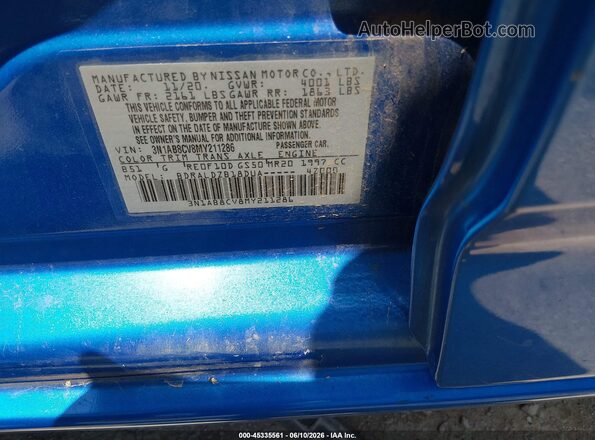 3N1AB8CV8MY211286 2021 NISSAN SENTRA Blue ძრავის განყოფილების ხედი