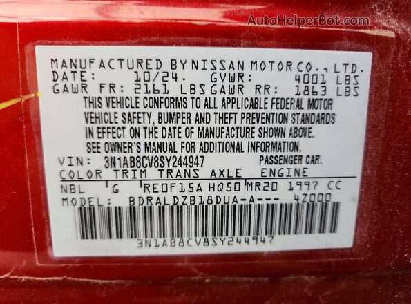 3N1AB8CV8SY244947 2025 NISSAN SENTRA Red VIN կոդի պիտակի տեսք