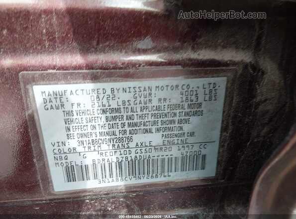 3N1AB8CV9NY288766 2022 NISSAN SENTRA Red Widok komory silnika