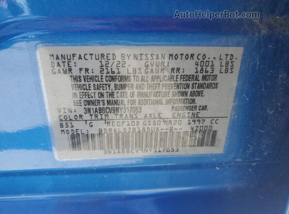 3N1AB8CV9NY317053 2022 NISSAN SENTRA Blue Շարժիչի բաժամունքի տեսք
