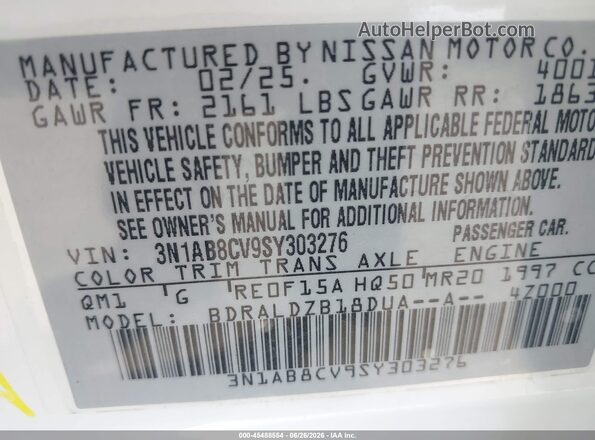 3N1AB8CV9SY303276 2025 NISSAN SENTRA White ძრავის განყოფილების ხედი