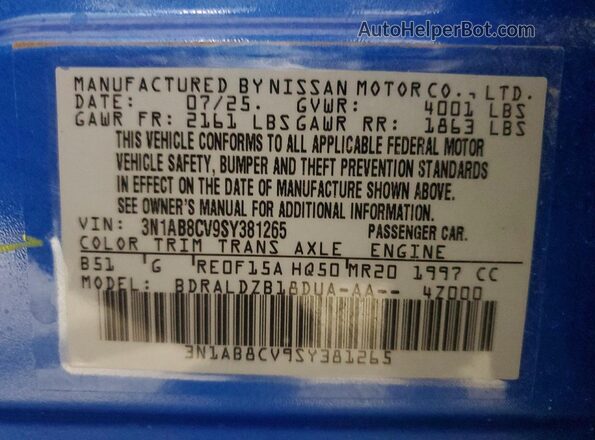 3N1AB8CV9SY381265 2025 NISSAN SENTRA Blue VIN sticker view