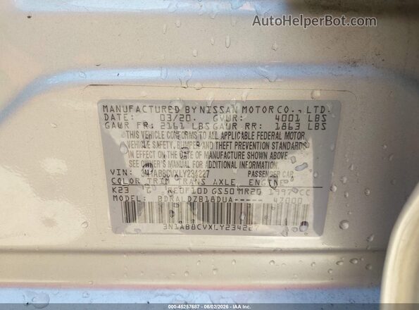 3N1AB8CVXLY234227 2020 NISSAN SENTRA Серебряный Вид подкапотного пространства