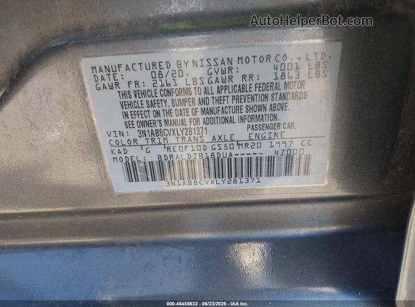3N1AB8CVXLY281371 2020 NISSAN SENTRA Gray Вид підкапотного простору