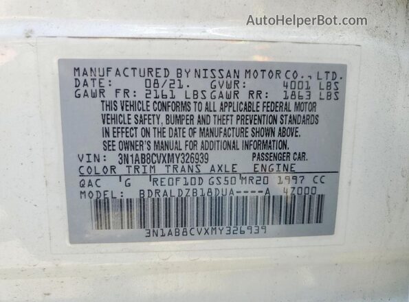 3N1AB8CVXMY326939 2021 NISSAN SENTRA Белый Вид наклейки с VIN-кодом