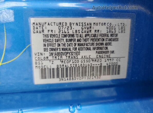 3N1AB8DV0PY321932 2023 NISSAN SENTRA Blue VIN კოდის სტიკერის ხედი