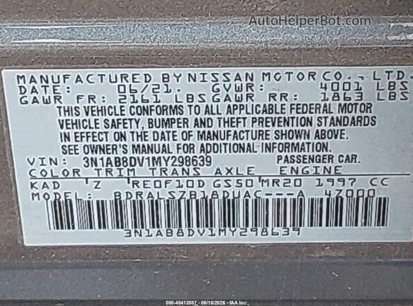 3N1AB8DV1MY298639 2021 NISSAN SENTRA Gray Շարժիչի բաժամունքի տեսք