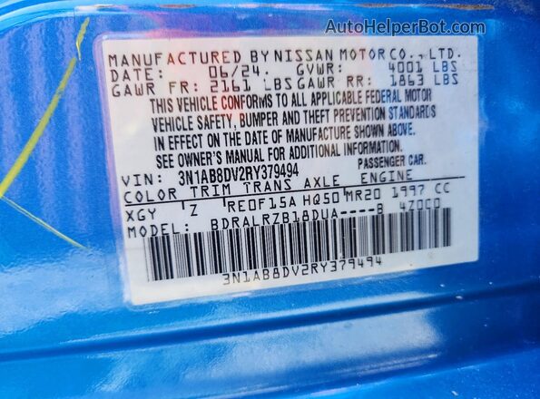 3N1AB8DV2RY379494 2024 NISSAN SENTRA Blue VIN sticker view