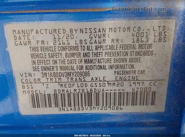 3N1AB8DV3MY209086 2021 NISSAN SENTRA Синий Вид подкапотного пространства